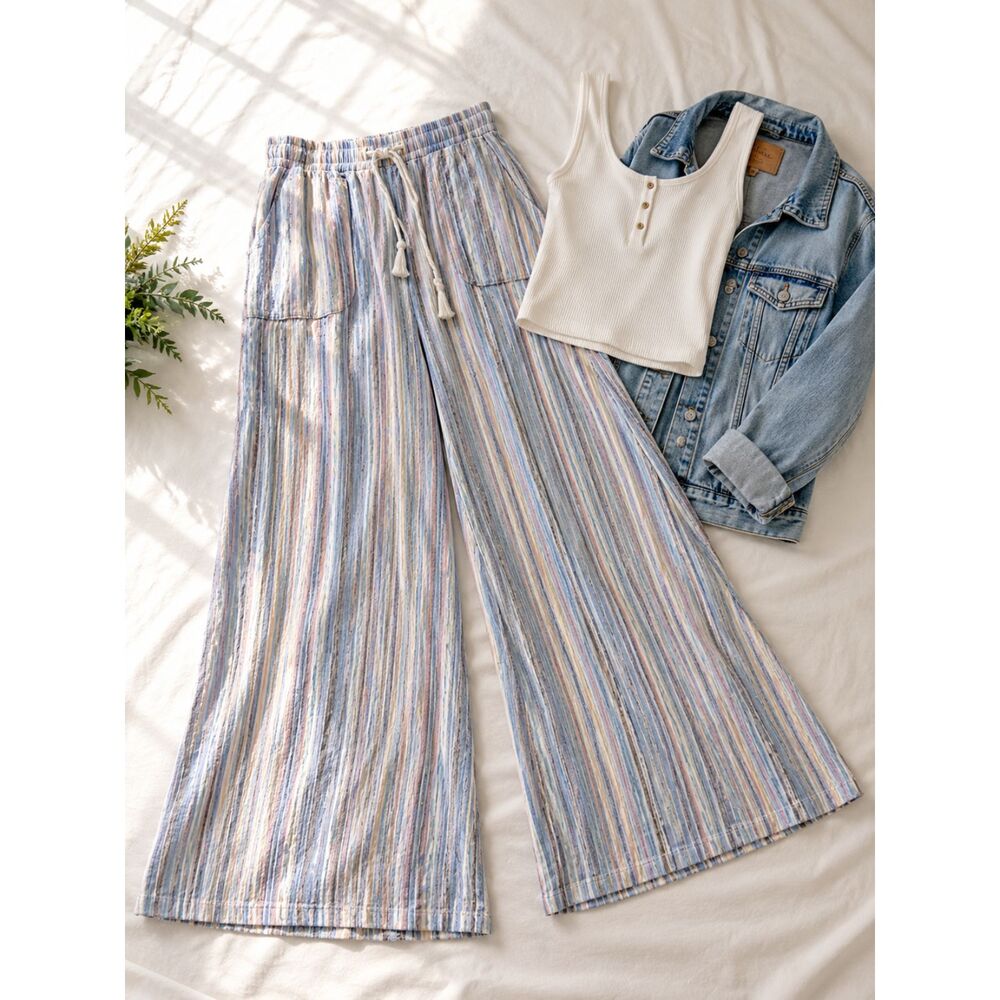 Indigo Rein Stripe Linen Blend Wide Leg Pants Medium